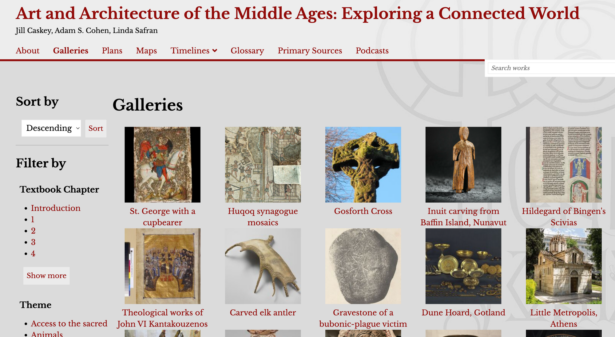 A website homepage with a gallery of photographs of medieval artifacts.