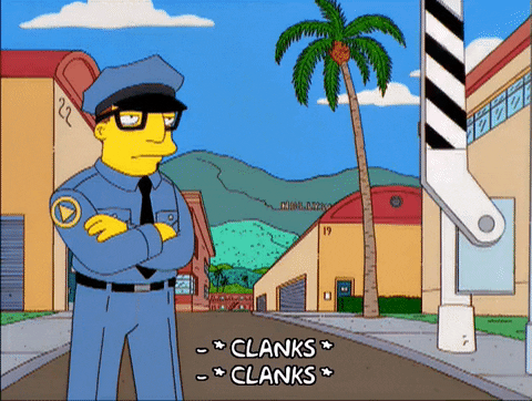 An animated security guard stands in front of an arm barrier gate as it lowers, subtitled "*clanks* *clanks*"