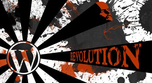 Black lines radiate out from a WordPress logo; one of the lines says REVOLUTION in red, and another has a red silhouetted face on it. The picture is splattered with black and red.