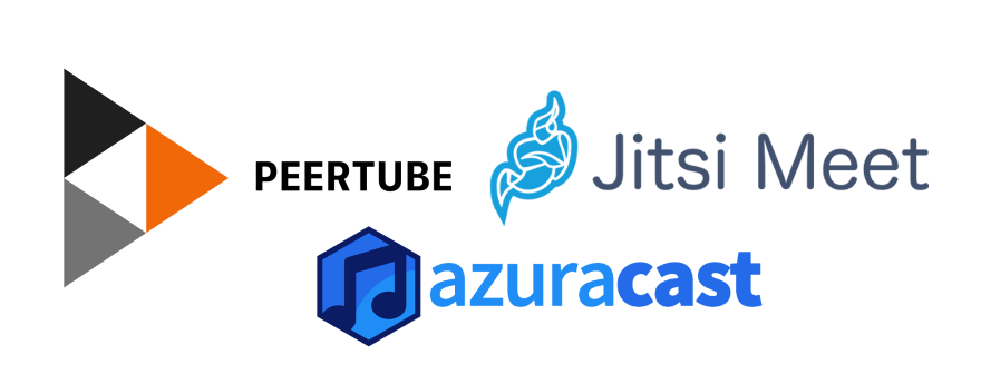 Three logos: one for PeerTube (three triangles pointing left), one for Jitsi Meet (an abstracted person sitting down), and one for Azuracast (a music note inside a hexagon)