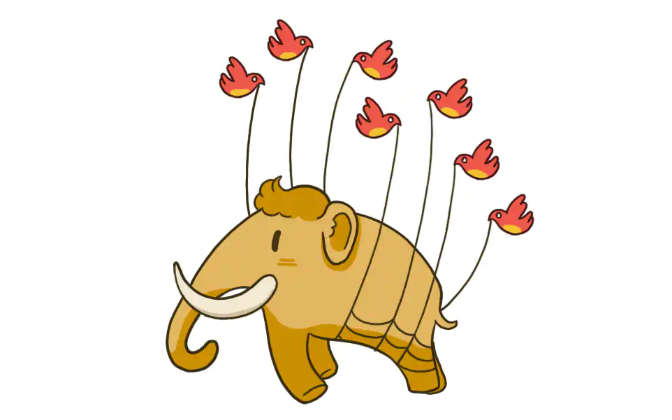 Mastodon being carried by birds in the Twitter fail whale spirit