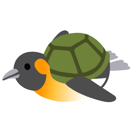 A cartoon penguin sliding on its stomach, with a turtle shell on its back