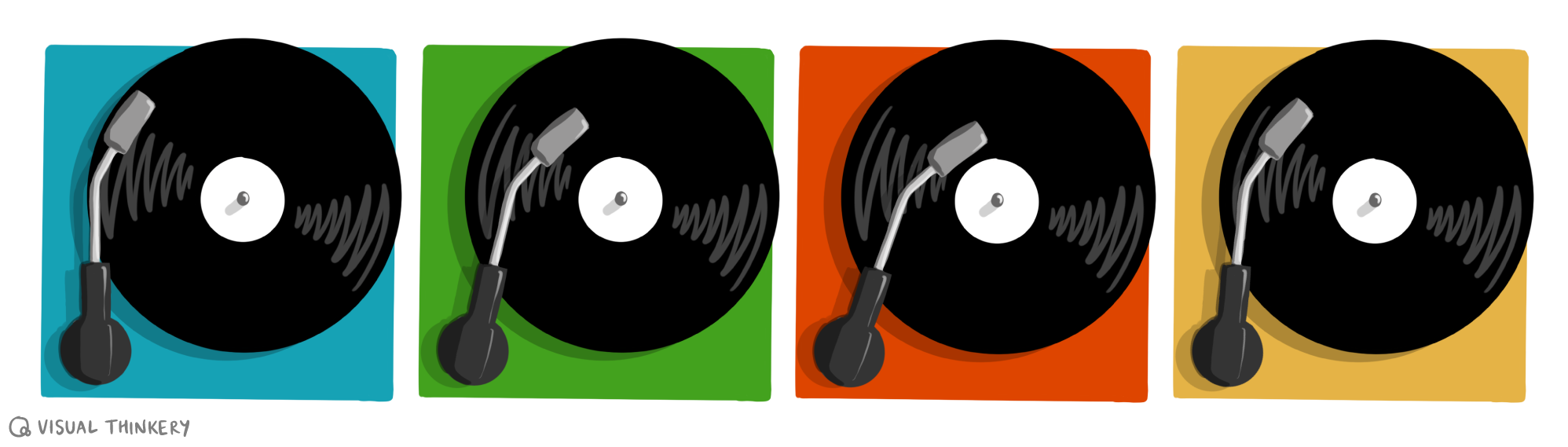 Image of four different colored record players aligned horizontally a la Andy Warhol's art style