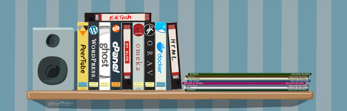 A shelf with VHS tapes and records. The VHS tapes have the names of digital apps like cPanel, WordPress and Docker on them.
