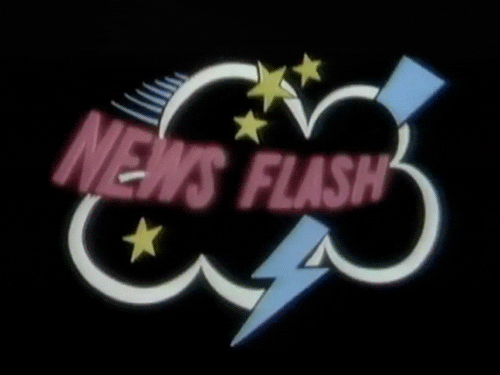 The words "NEWS FLASH" blink on top of a cloud with stars and lightning on it.