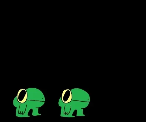 A GIF of two cartoon frogs. The first frog leaps over the second one, then the second leaps over the first.