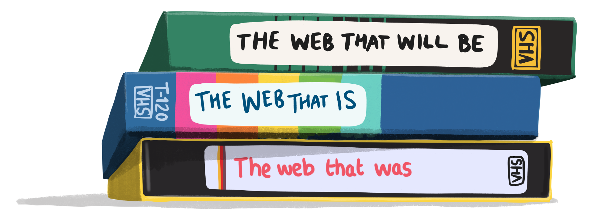Image of stacked VHS tapes saying "The Web that will be," "The Web that Is," and "The web that was"